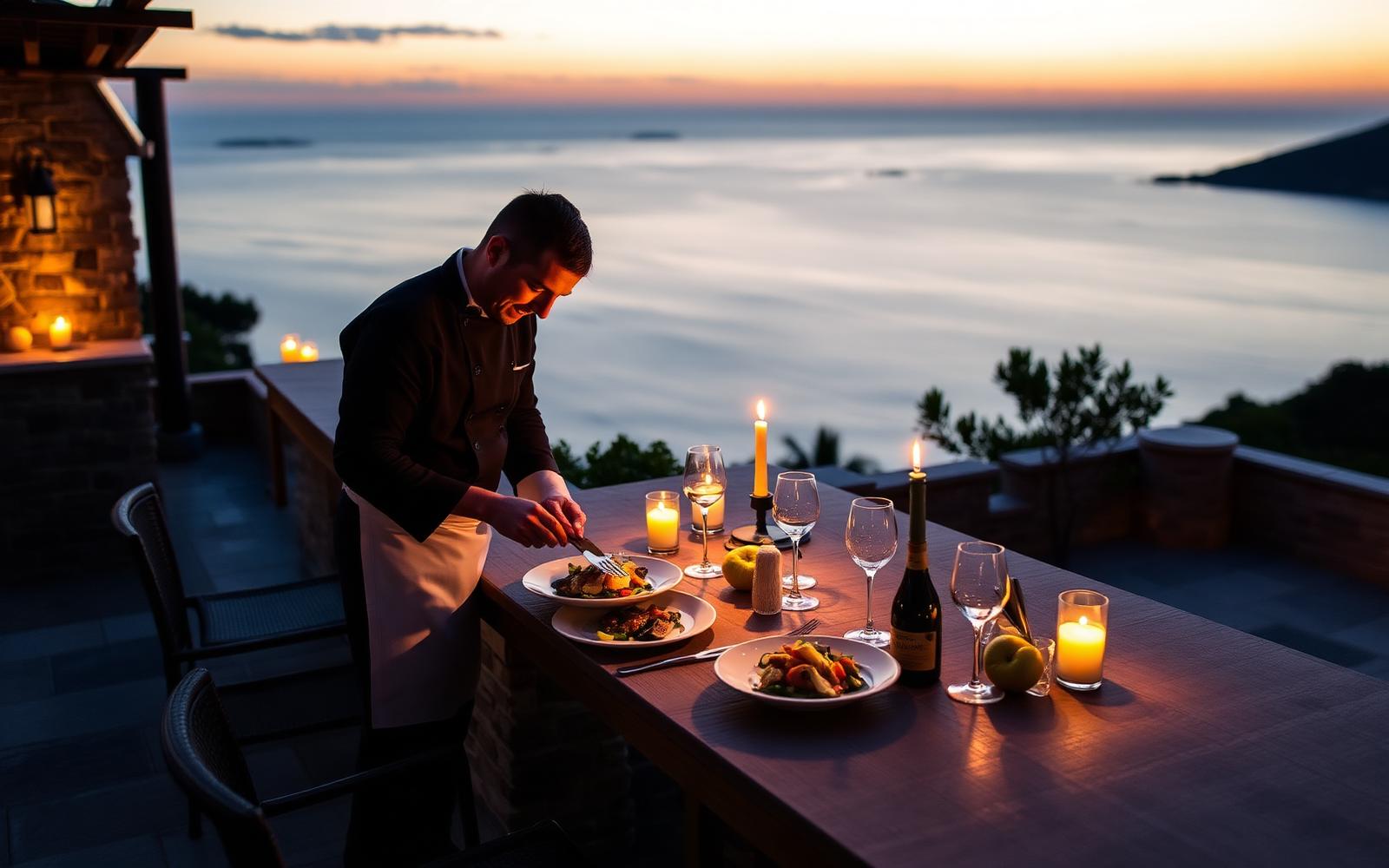 A private chef plating dinner on a terrace at sunset